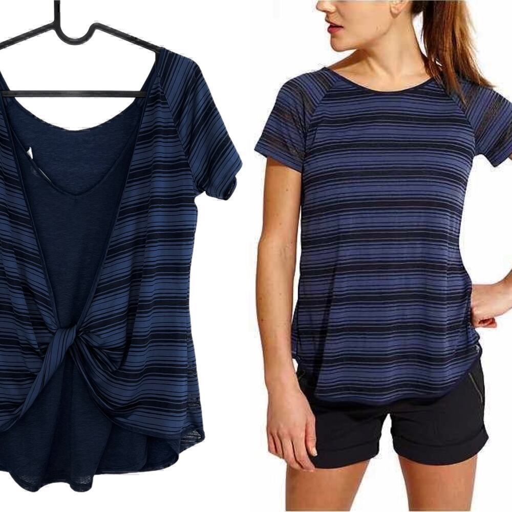 Athleta Sun Stripe Twist Back Athletic Short Sleeve Top Size Small Navy Striped